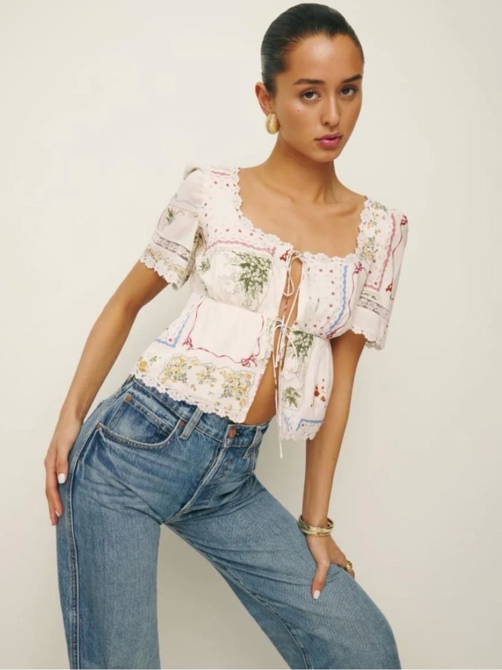 Reformation Margot top. Tie-Front Floral Patchwork Blouse